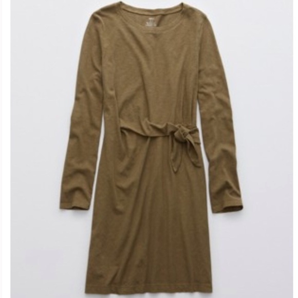 Aerie Women L Olive Green Cotton Casual Long Sleeve Side Tie T-Shirt Dress - Picture 2 of 12